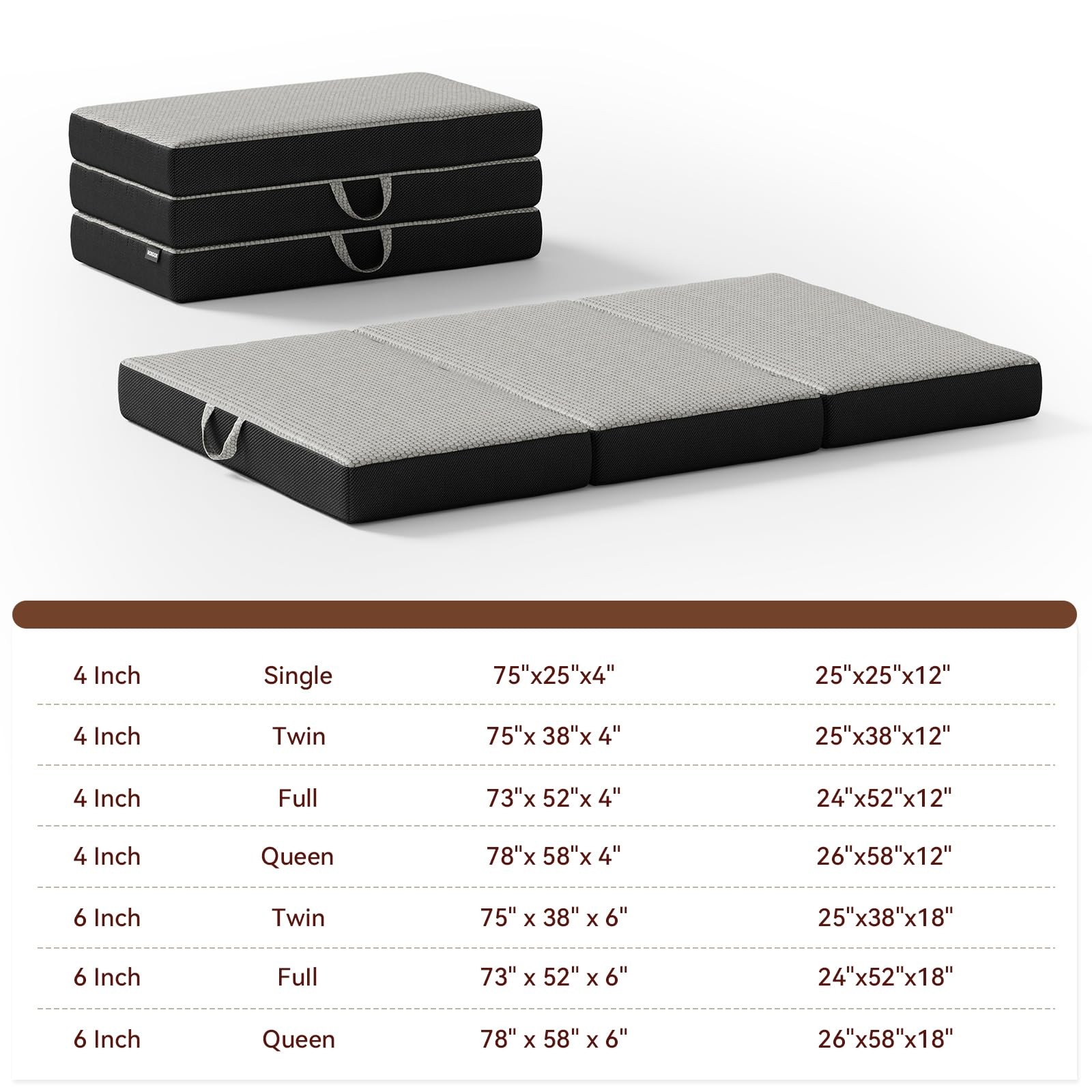 Memory Foam Trifold Mattress, Full Portable Floor Bed 6 Inch, Foldable Mat wi…