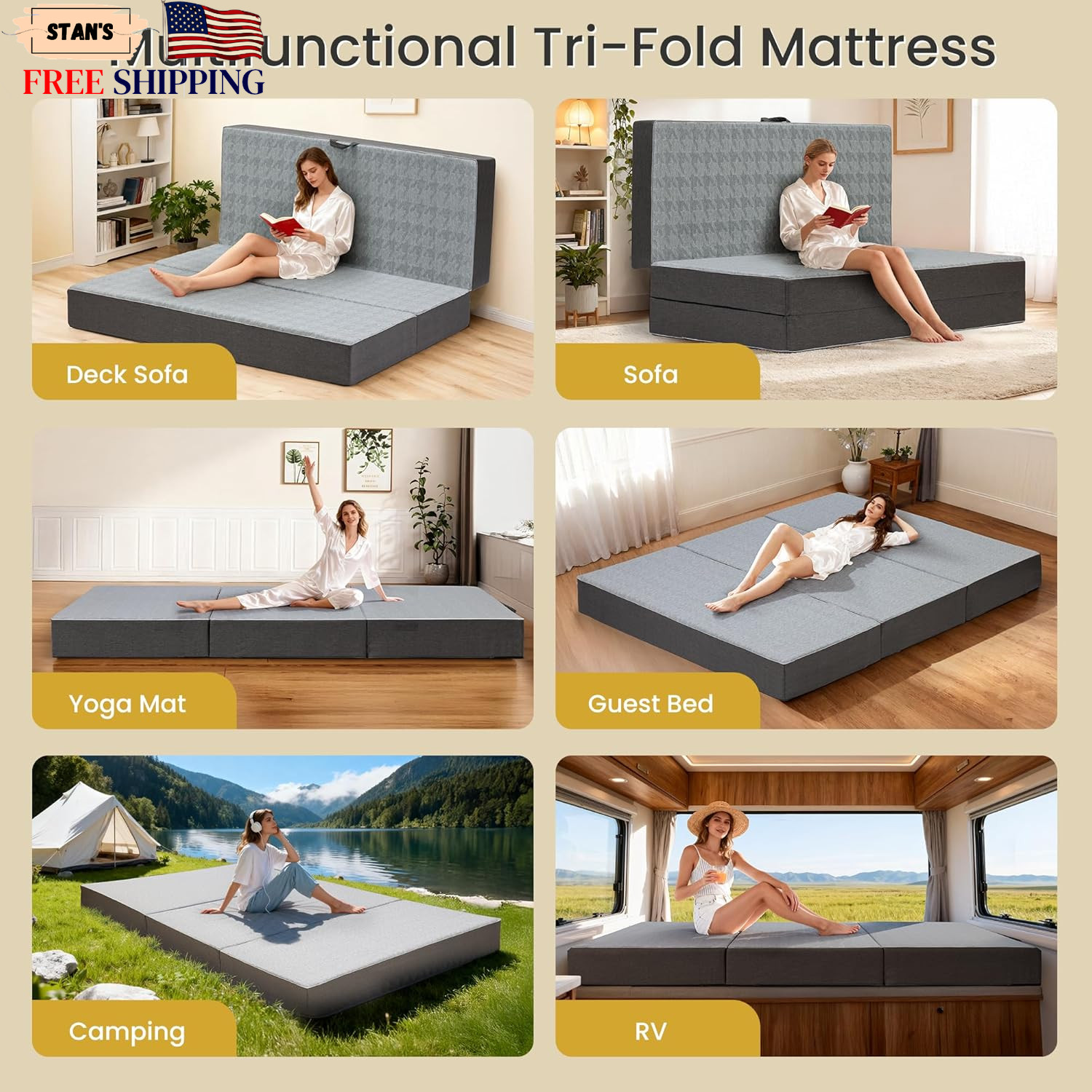 Tri Folding Mattress Queen Size 6 Inch Dual Layer Memory Foam Foldable Mattress