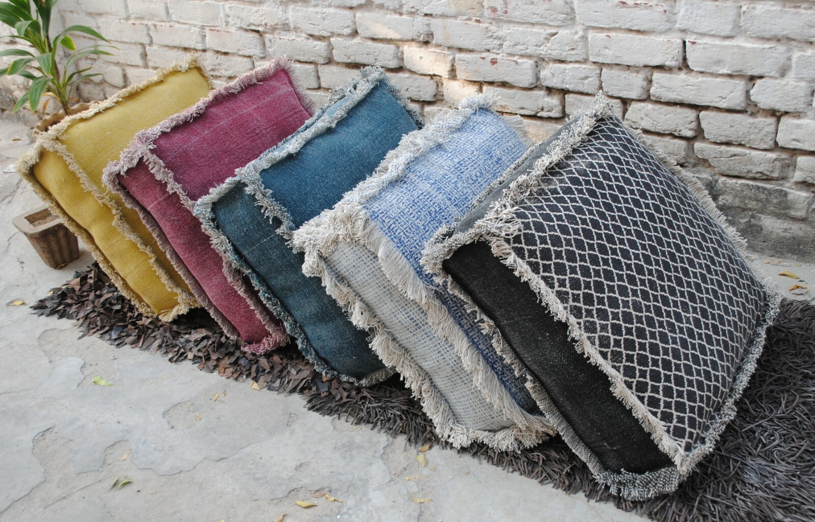 COTTON RUG YELLOW SQUARE MATTRESS WITH FRINGES 50X50X15 CM COZY SITTING 1 SEATER