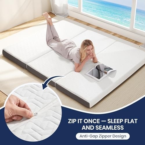 4-Inch Foldable Memory Foam Mattress – Tri-Folding Portable Bed for Travel, Camp