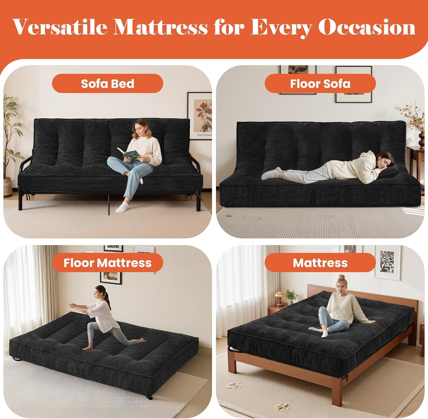 8″ Full Size Corduroy Futon Mattress with Shredded Foam Filling
