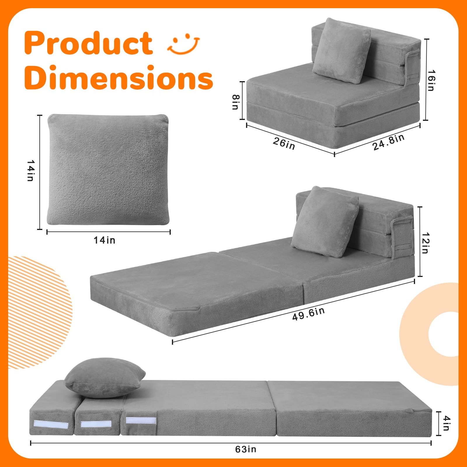 Foldable Futon Chair Bed for Kids, Grey Tri-fold Convertible Toddler Sofa Mat…