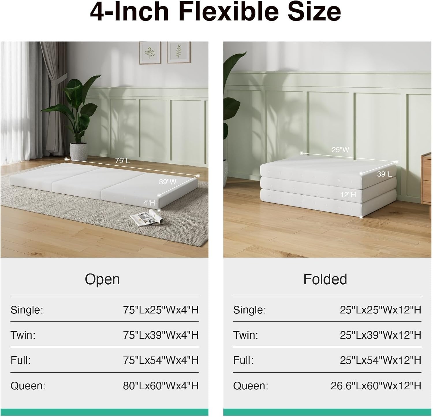 Foldable Mattress Single Size Comfort Foam Trifold Mattress w Cloud Design Cover