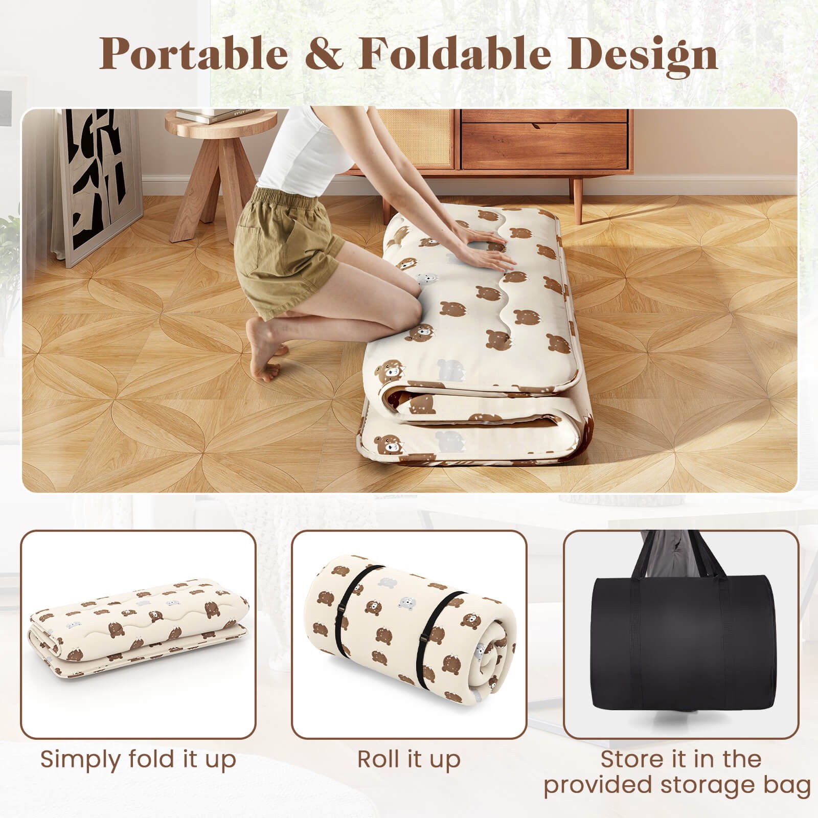 Full Futon Mattress Japanese Sleeping Pad Lounge Bed w/ Washable Cover Brown