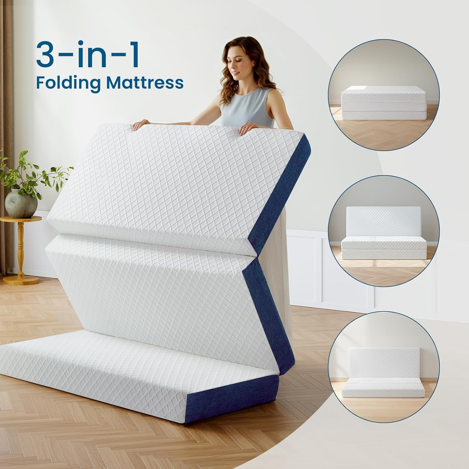 Short Queen Size 6 Inch Folding Mattress, Trifold Gel Memory Foam Bed, Foldable