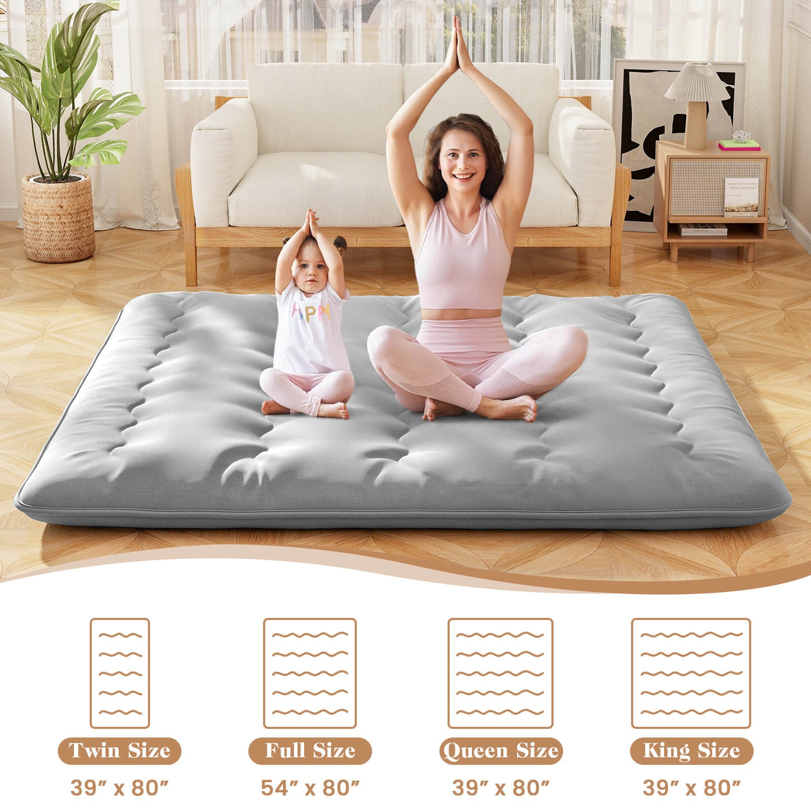King Futon Mattress Japanese Floor Pad Washable Cover Carry Bag Gray