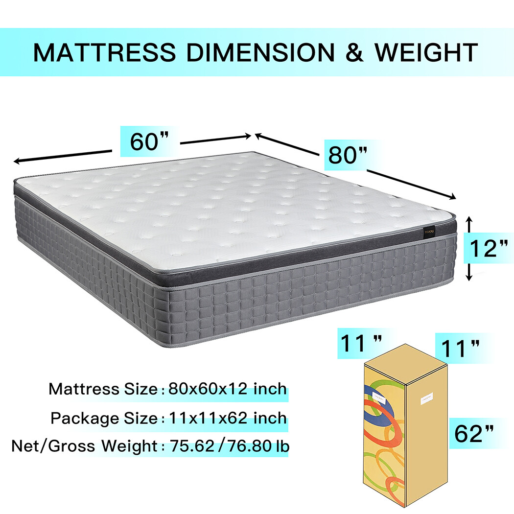 Queen Size Mattress 12″ Twin Full King Bed in a Box Foam Spring Medium Firm