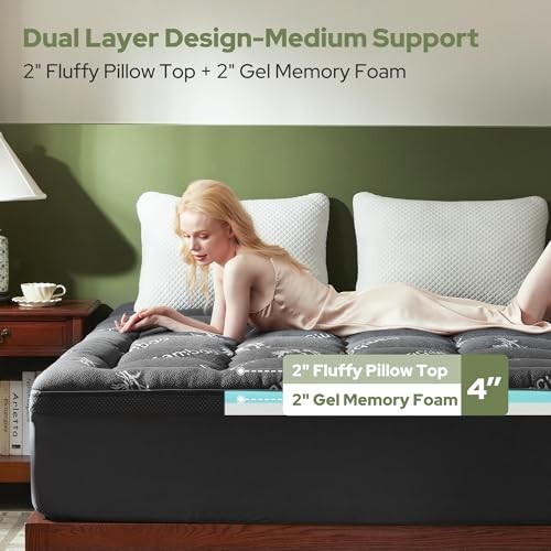 4 Inch Memory Foam Mattress Topper,2-in-1 Dual Layer Design Queen Dark Gray