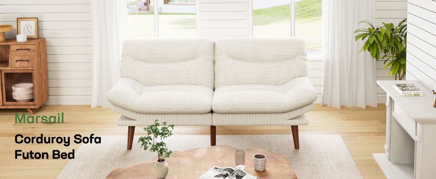 Futon Sofa Bed, Corduroy Futon Couch with Adjustable Barest &