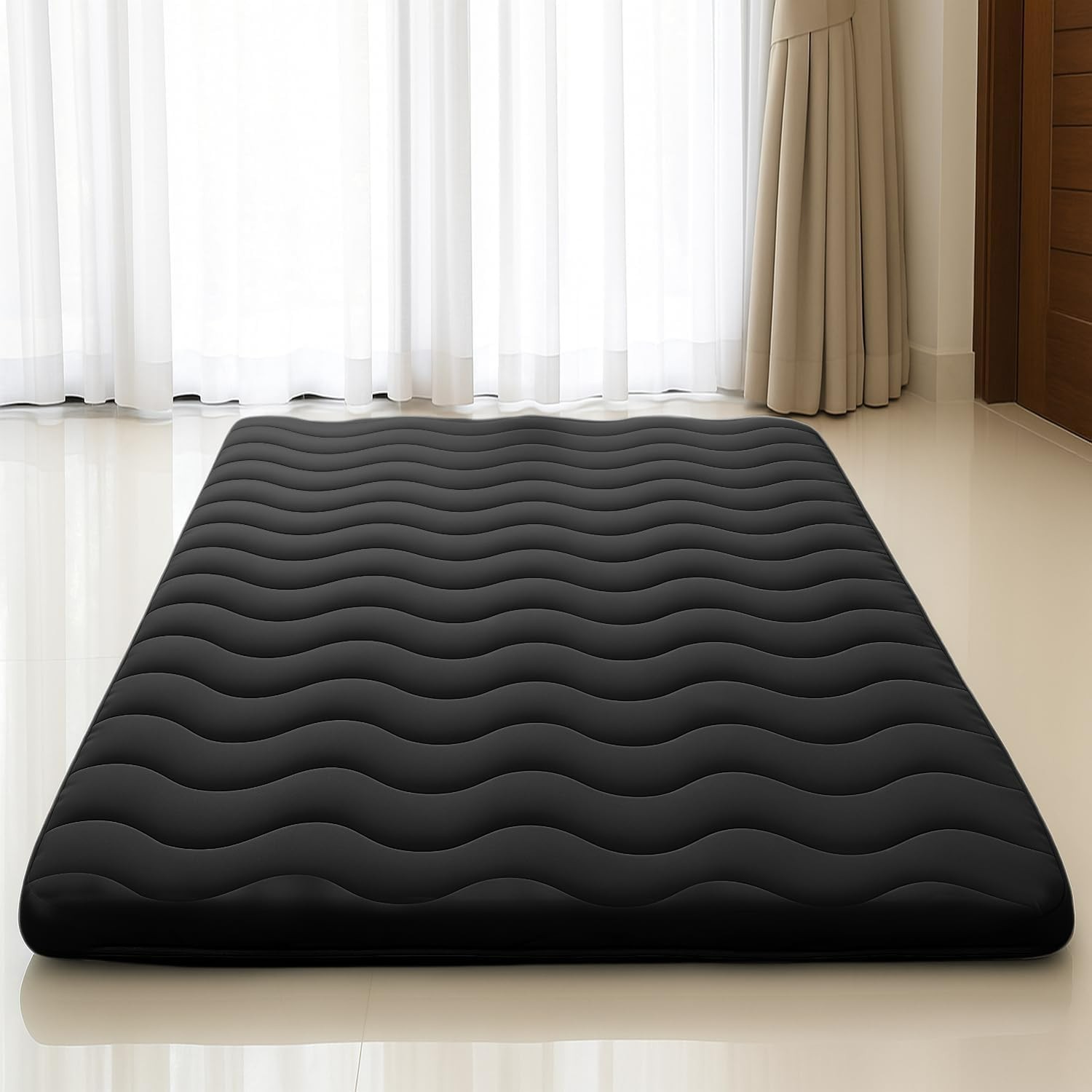 Lightweight Japanese Floor Mattress | Foldable 4″ Foam Sleeping Pad, Black, Twin