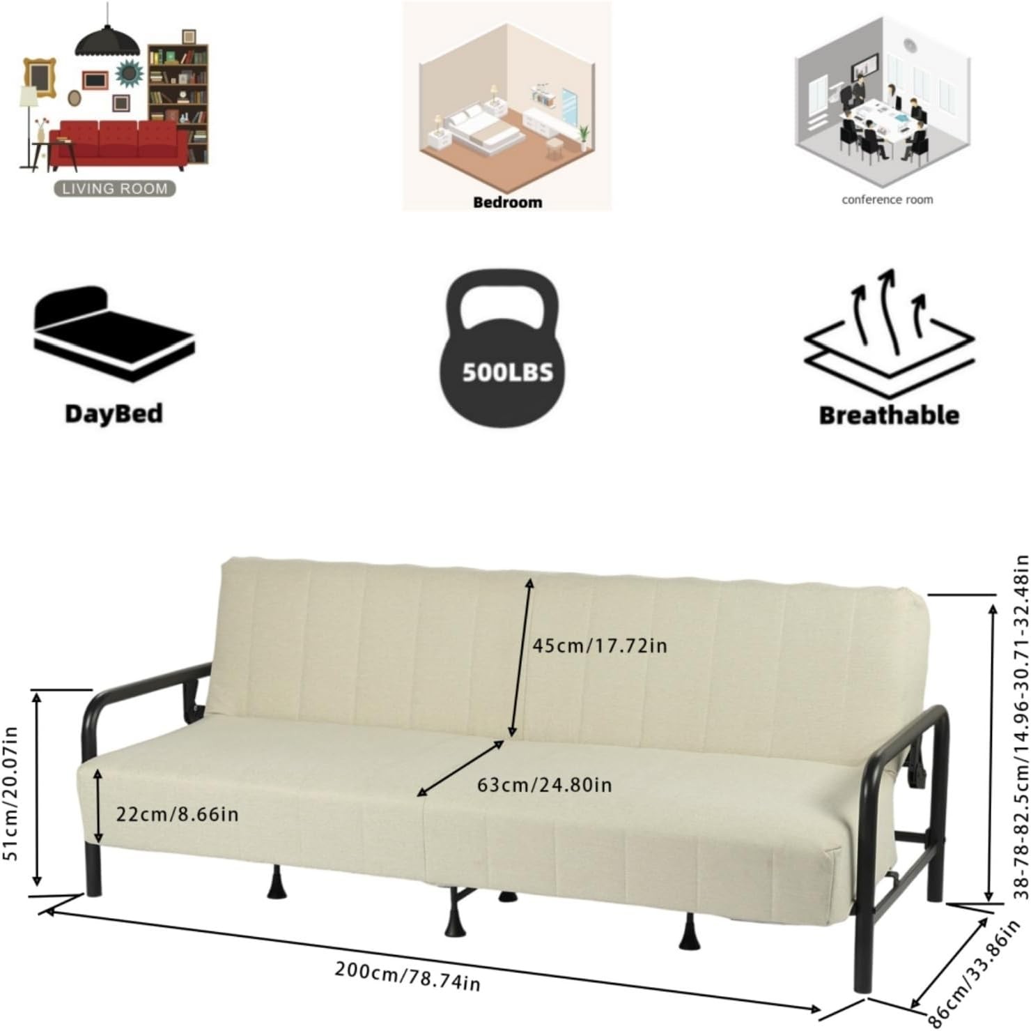Modern Bei Futon Sofa Bed with Arm, 78.74″ 3-Posit