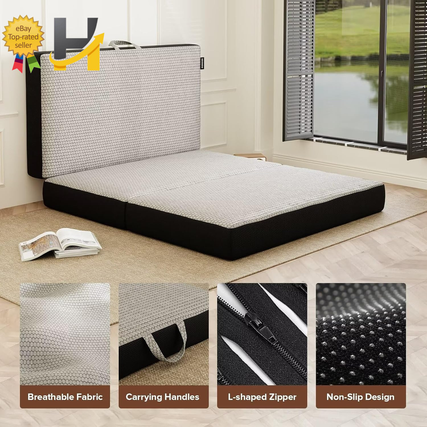 6″ Memory Foam Trifold Mattress Full Portable Floor Bed with Washable Cover
