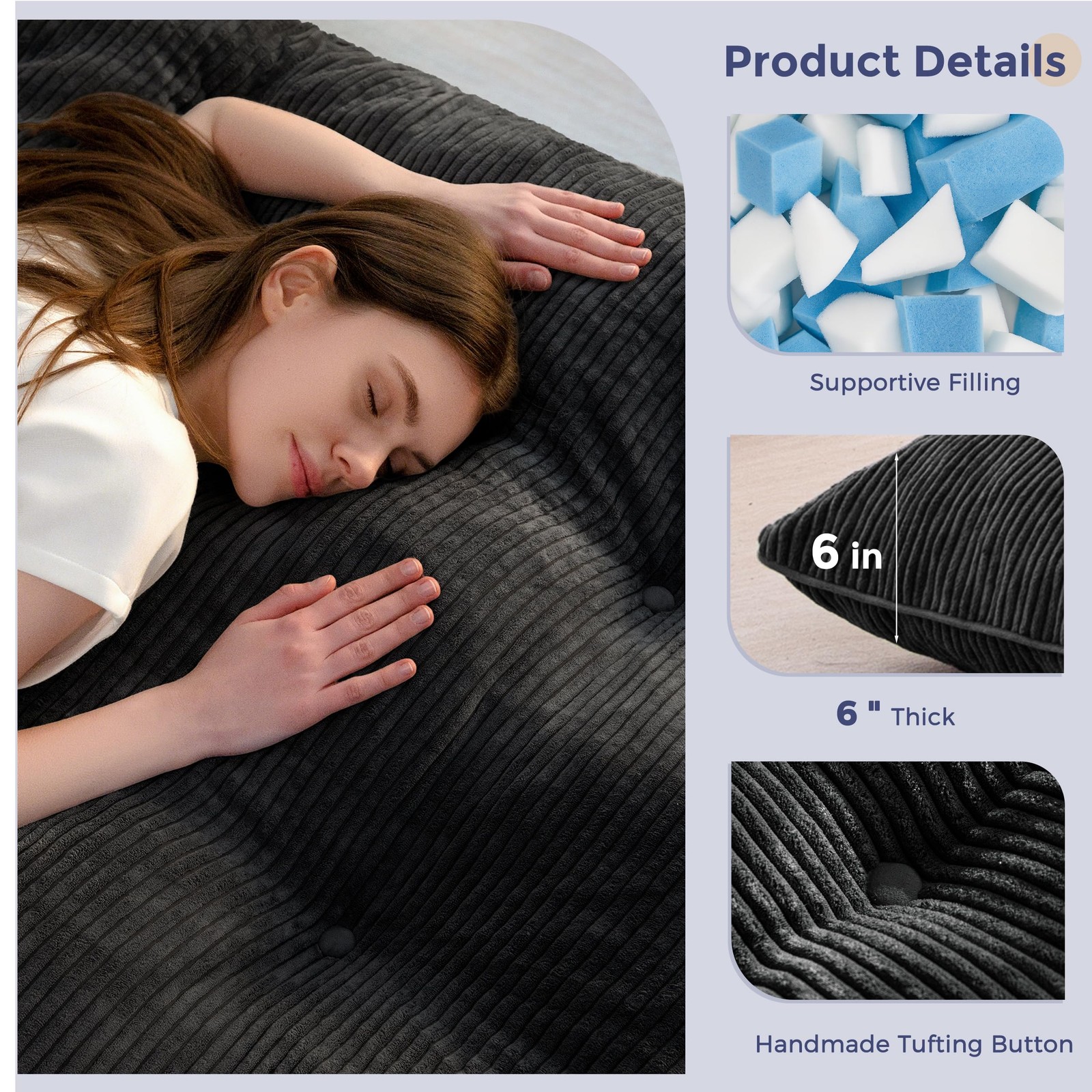 6″ Japanese Floor Mattress, Foldable Futon Mattress Queen Size, Tufted Roll U…