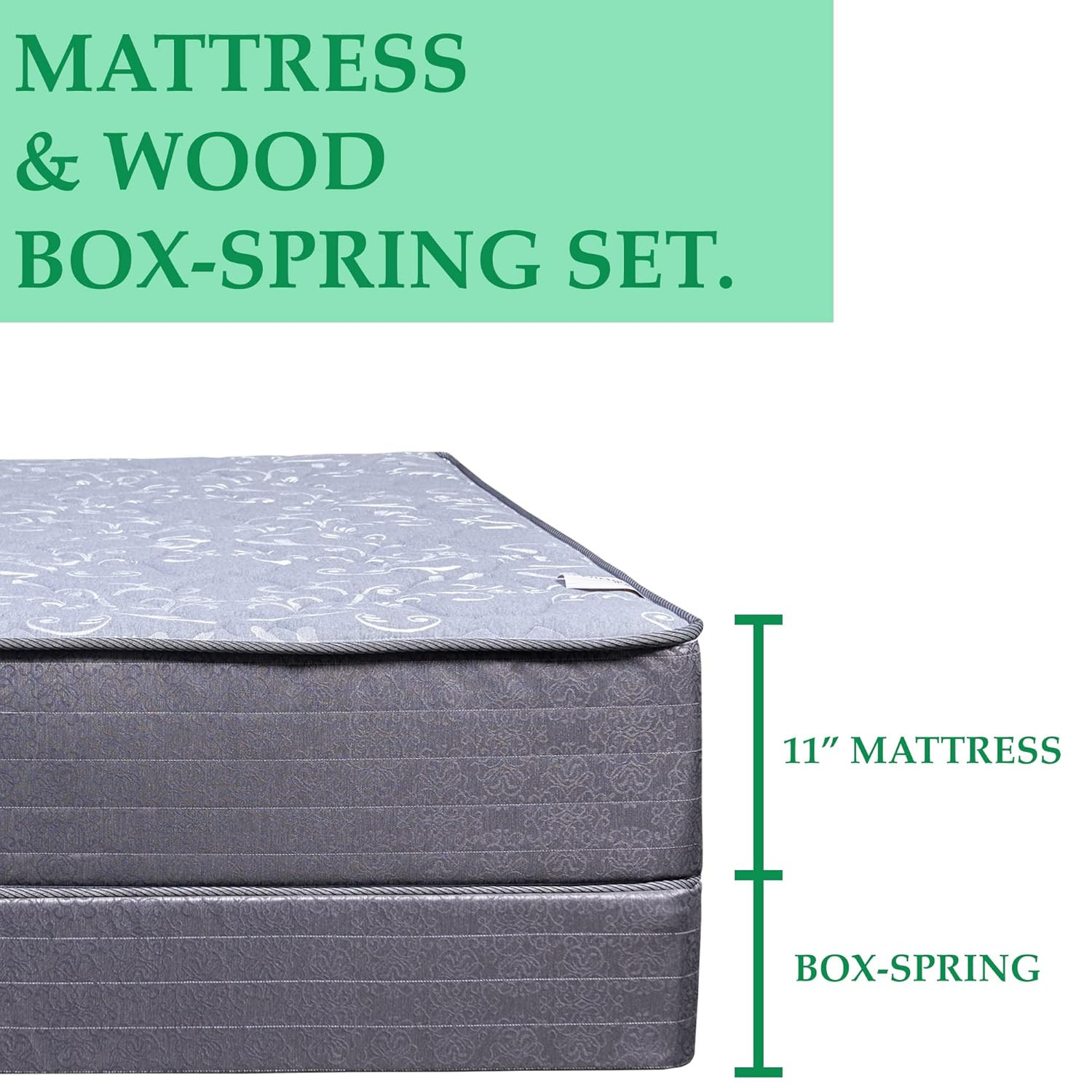 11″ Firm Euro Top Gel Innerspring Mattress & 8″ Wood Box Spring Set, Queen