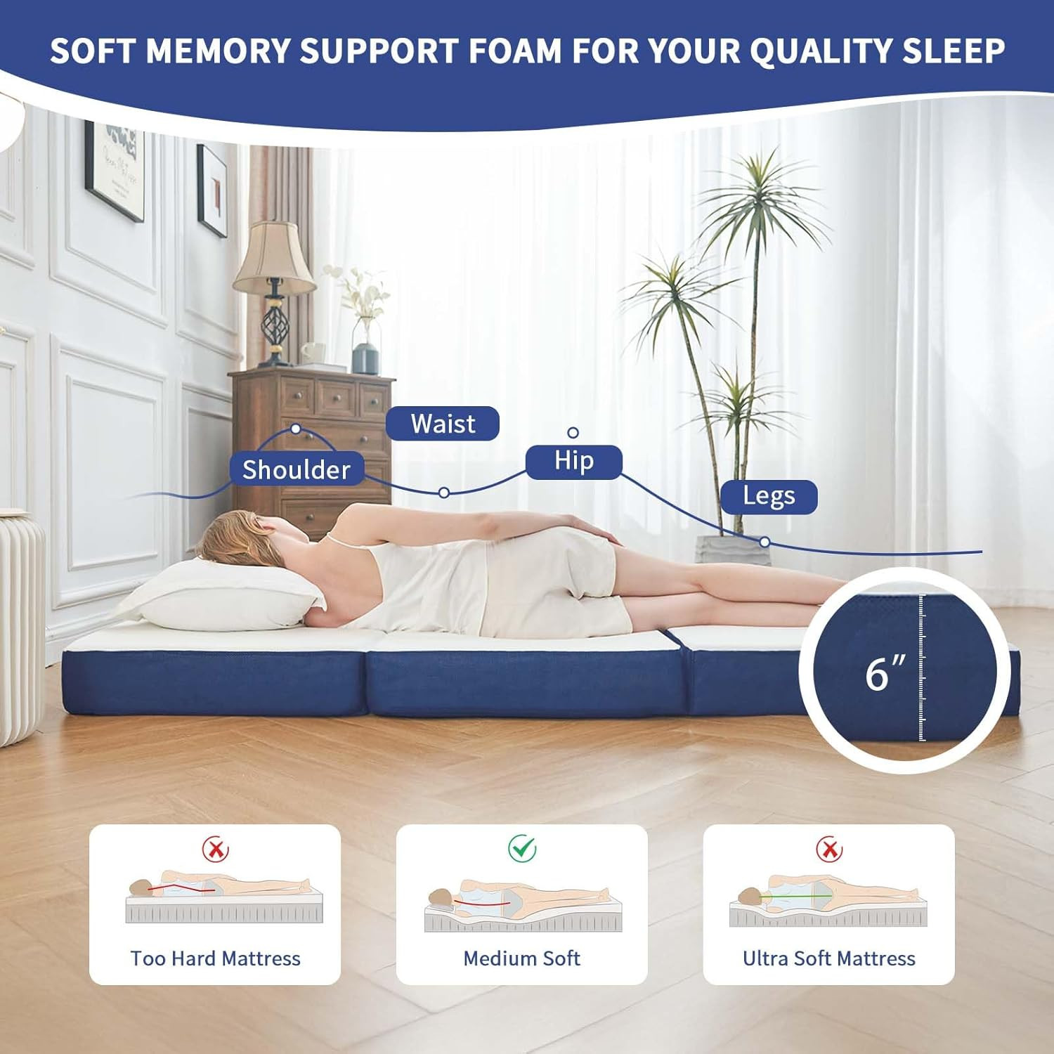 Portable 6″ Memory Foam Trifold Mattress with Washable Cover for Guests & RVs