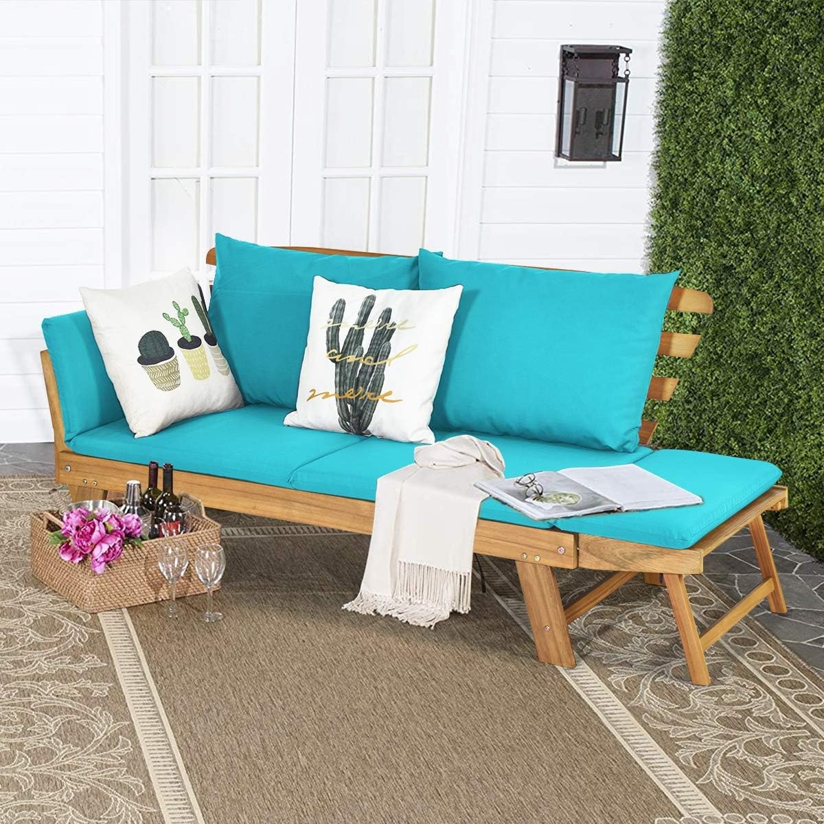 Convertible Acacia Wood Patio Couch Sofa Bed with Adjustable