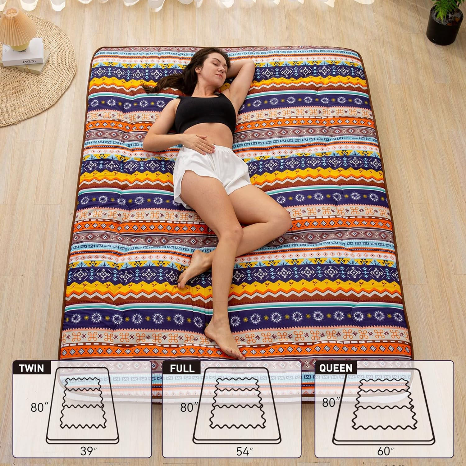Extra Thick Japanese Futon Mattress – Roll Up Bed Topper for Guests & Travel