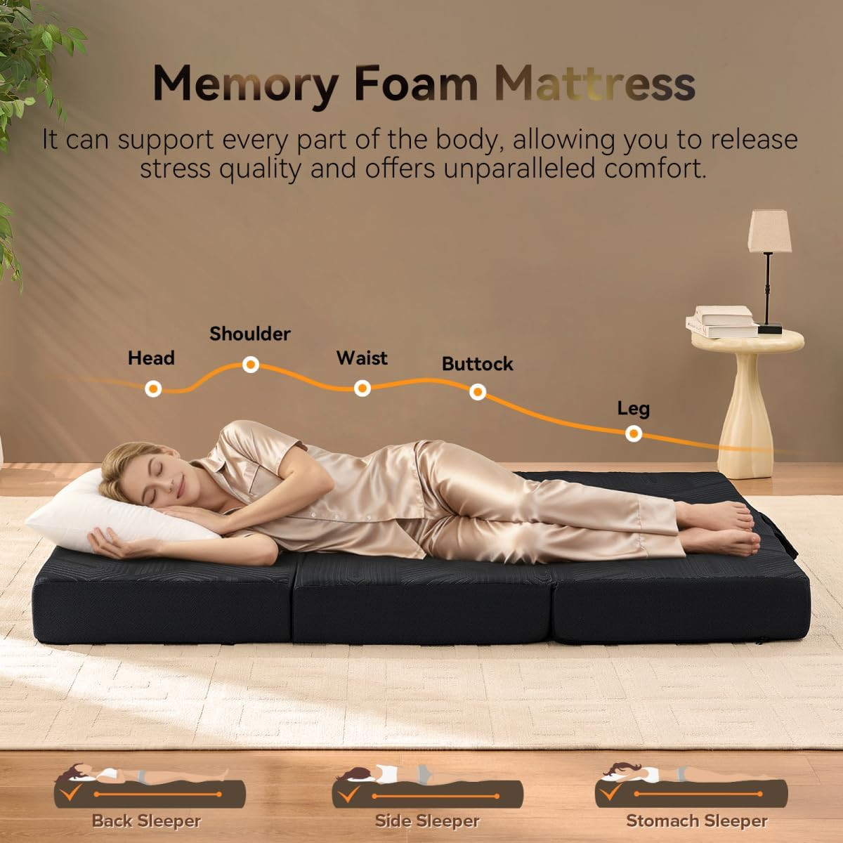 4″ Memory Foam Trifold Mattress – Portable, Washable, Non-Slip, Black