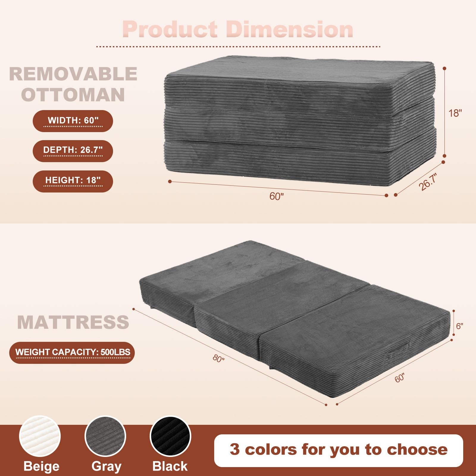 6-Inch Tri-Fold Foldable Mattress, Folding Sofa Bed with Removable Washable C…