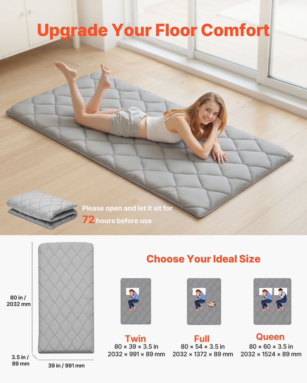 VEVOR Japanese Tatami Mattress Twin Foldable Futon Mat with Storage Bag Gray