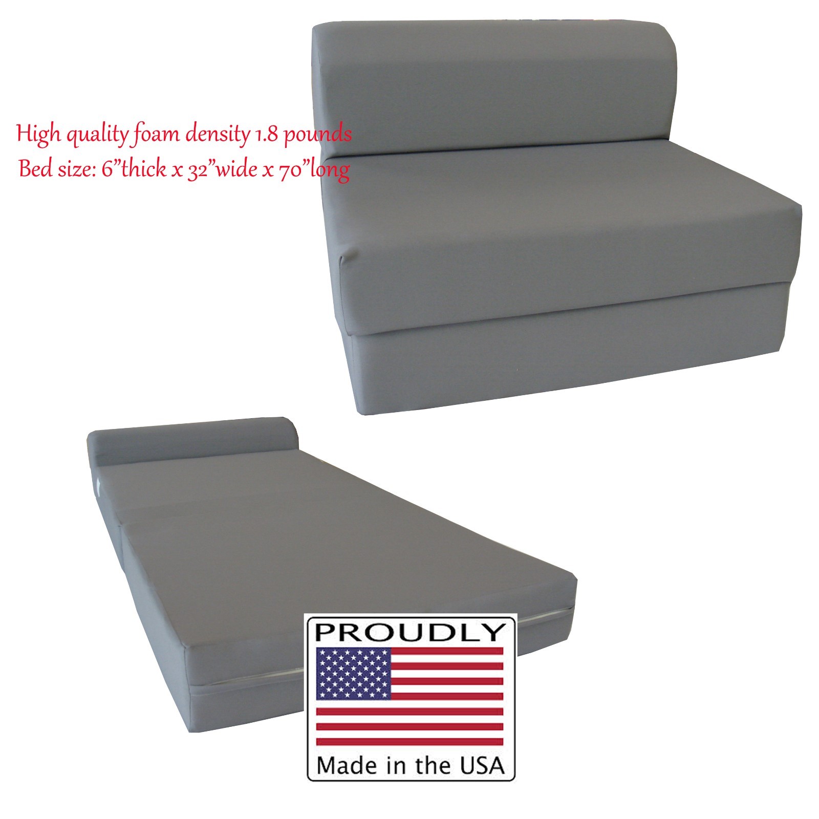 Gray 6 x 32 x 70 Sleeper Chair Folding Foam Beds, Foam 1.8 lb Density Sofa Bed