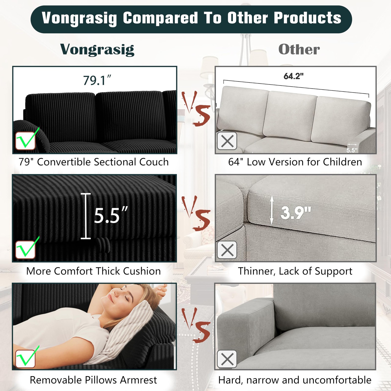 Vongrasig 79″ Convertible Sectional Couch Sofa with Storage Ottoman, 3 Black