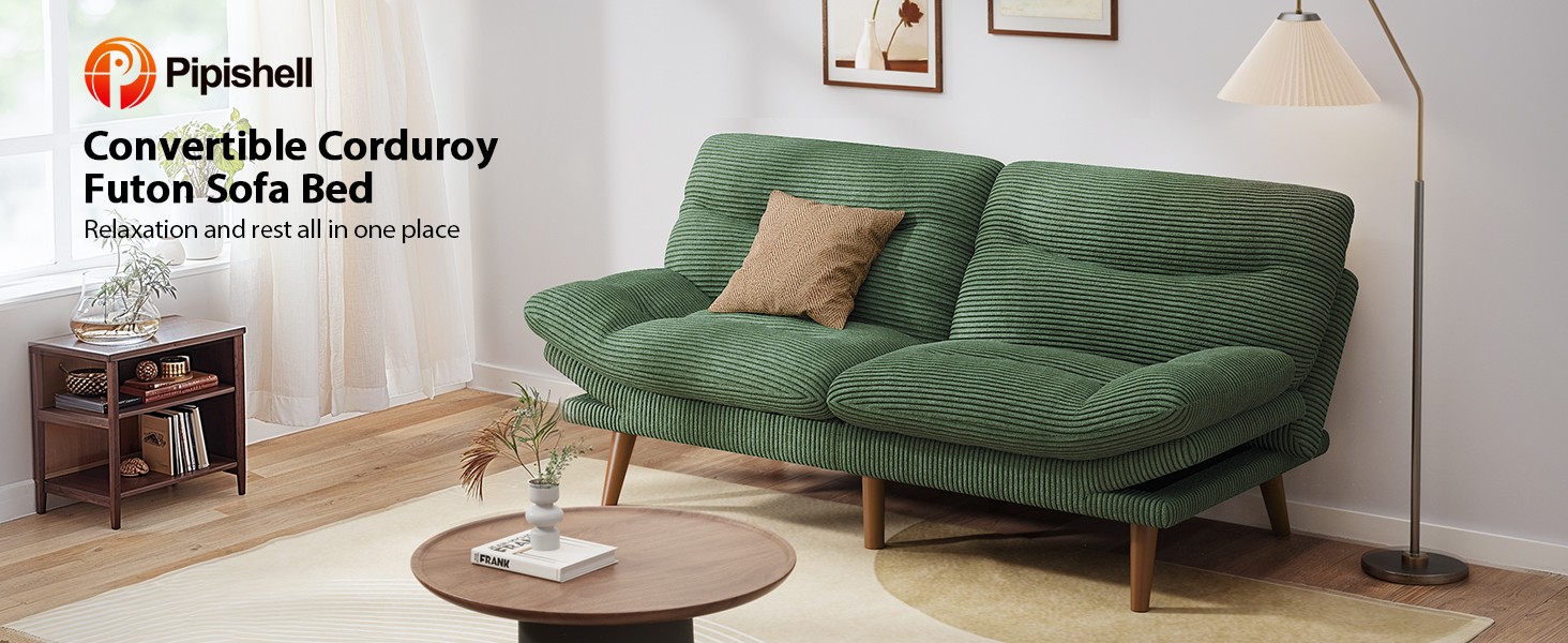 Pipi Futon Sofa Bed, 66 Inch Corduroy Futon Couch Convertible with