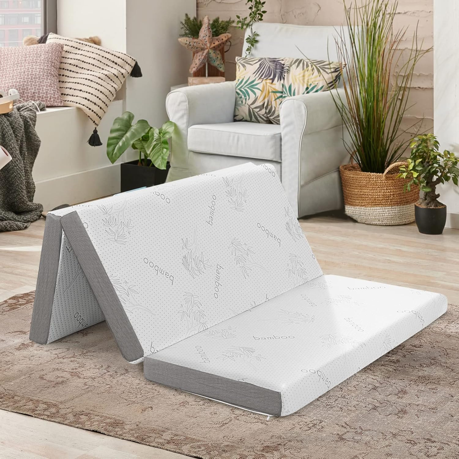 Folding Mattress, 4 Inch Gel-Infused Tri-Fold Mattress with Bamboo Cover & Carry