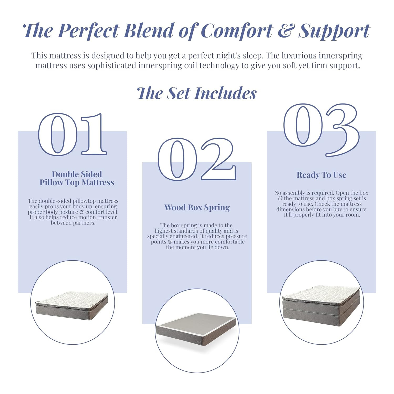 Queen 10-Inch Plush Pillowtop Innerspring Mattress & 8″ Box Spring