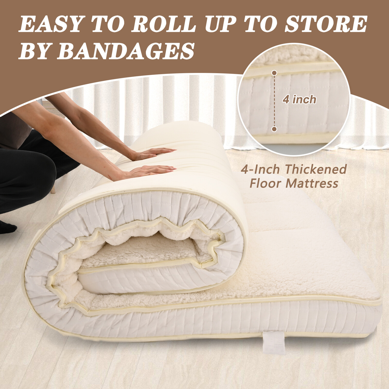 SUNYRISY Japanese Mattress Topper Quilted Fitted Mattress Sherpa Fleece Cushion