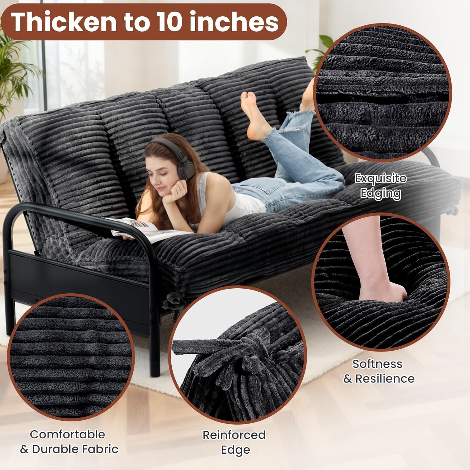 10″ Futon Mattr Queen Size,Futons Sofa Couch Bed with Straps, Thi