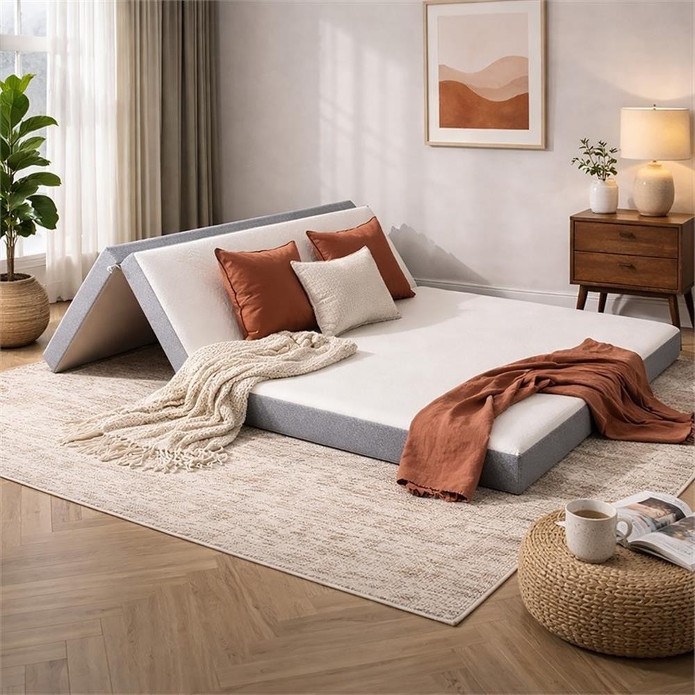 Pemberly Row Contemporary Queen 4″ Memory Foam Folding Mattress in Gray