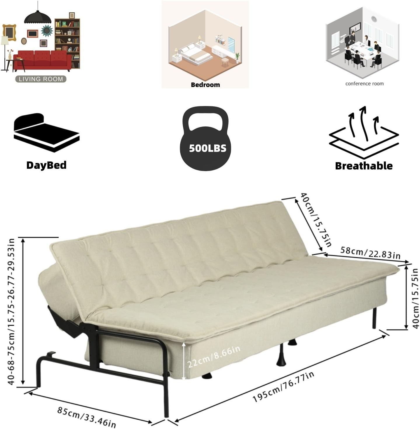 Modern Bei Futon Sofa Bed, 3-Posit Adjustable Barest,