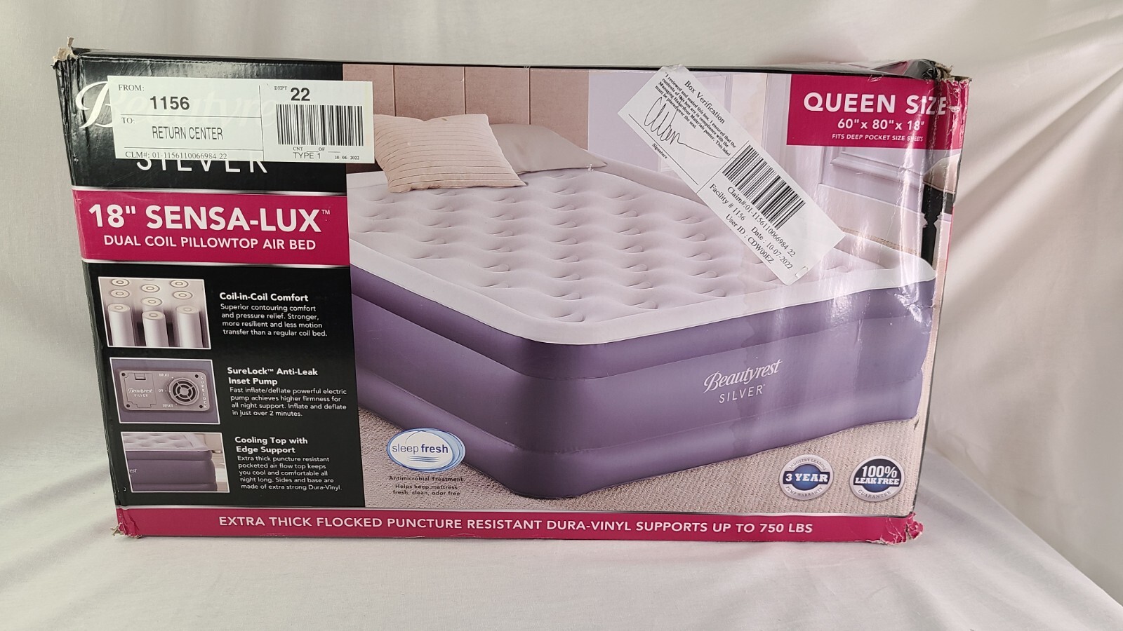 Beautyrest Silver 18″ Sensa-Lux Dual Coil Pillow Top Air Mattress Queen Used