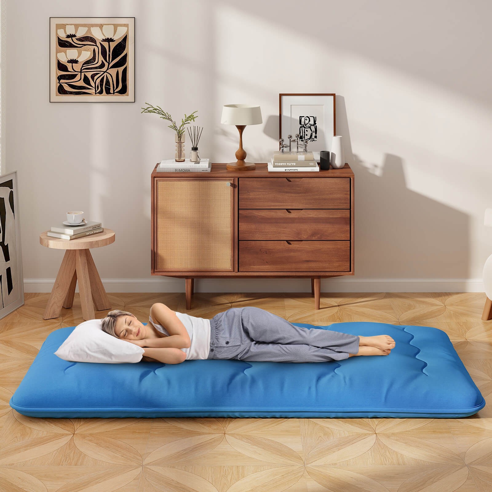 Twin Futon Mattress Japanese Floor Sleeping Pad Washable Cover Carry Bag Blue