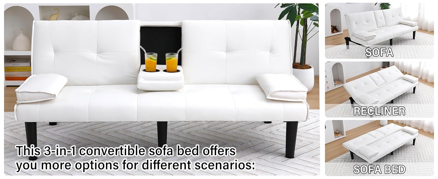 67″ Futon Sofa Bed with Cup Holders, Convertible 3 in 1