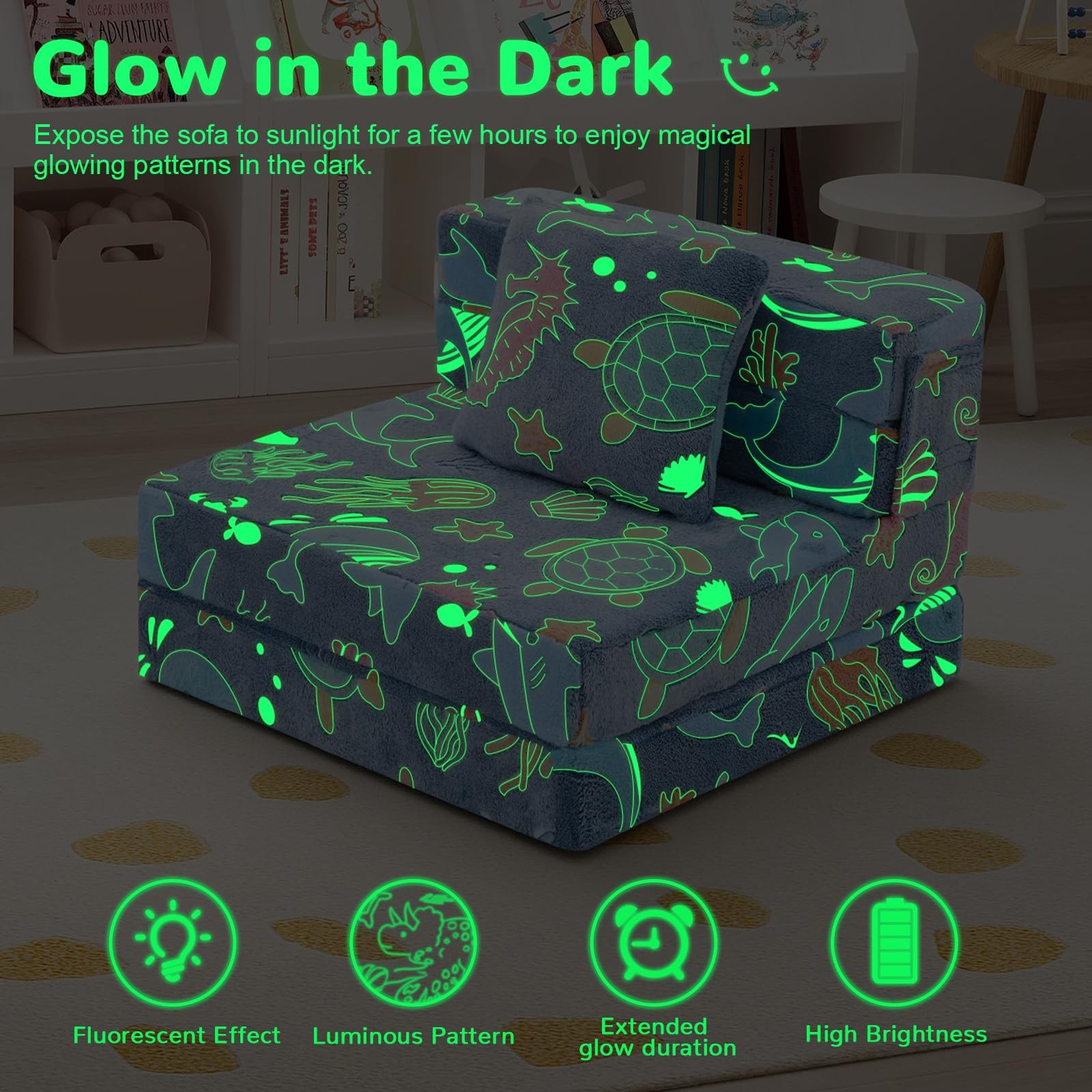 Foldable Futon Chair Bed for Kids, Glow Tri-fold Sofa Bed Convertible Toddler…
