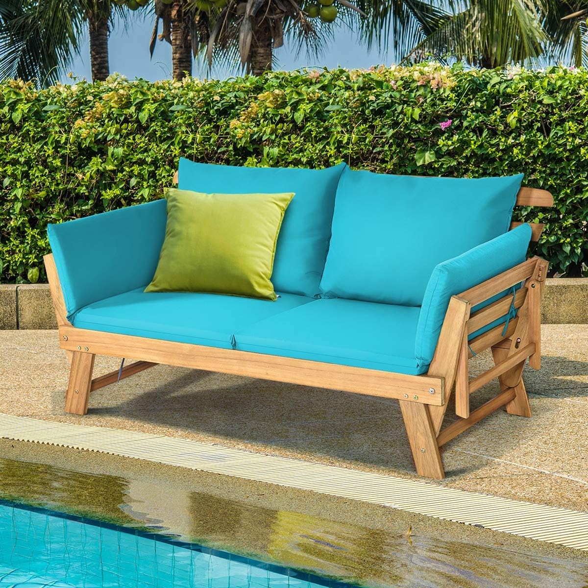 Convertible Acacia Wood Patio Couch Sofa Bed with Adjustable