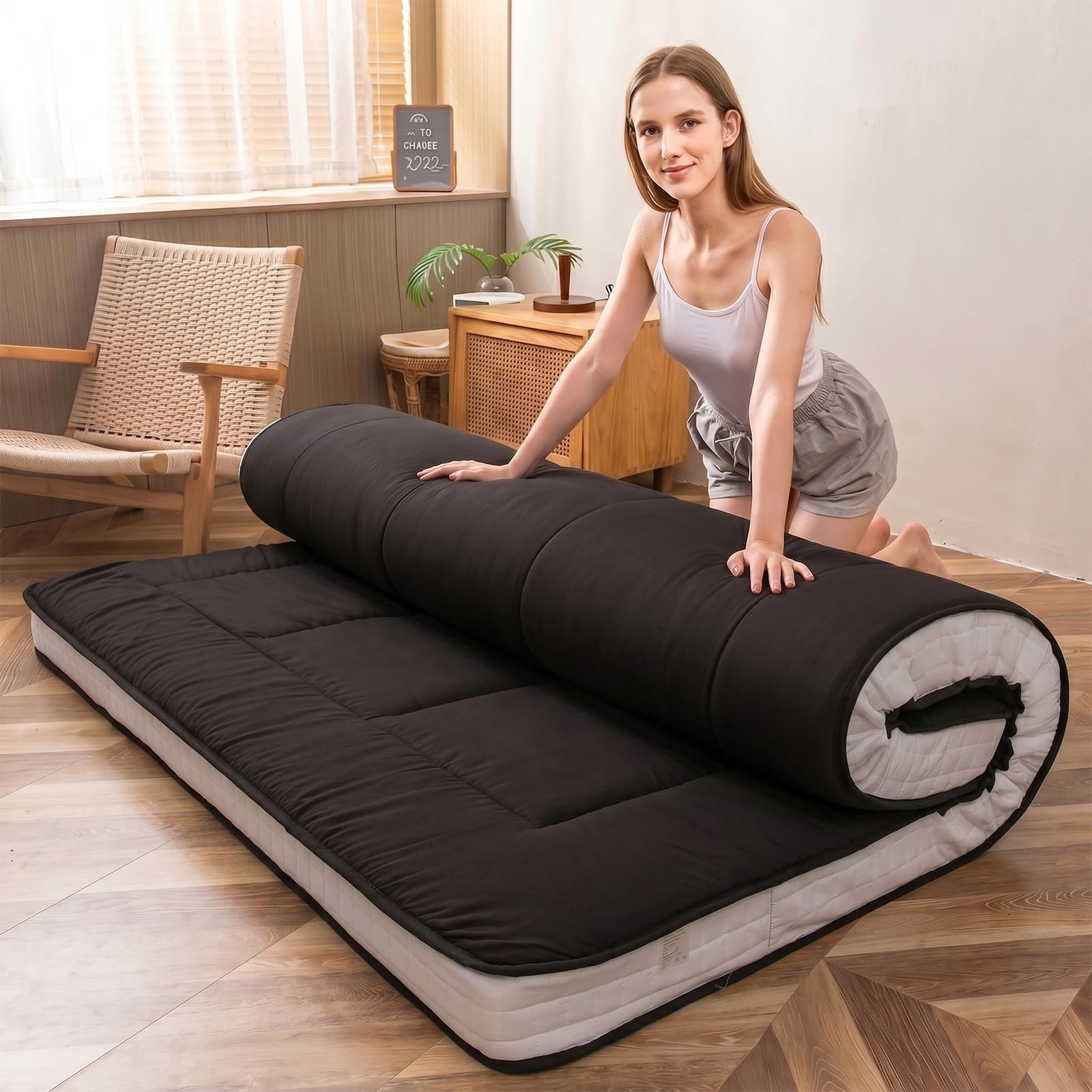 Extra Thick Japanese Floor Mattress, Quilted Folding Sleeping Pad, Breathable Lo