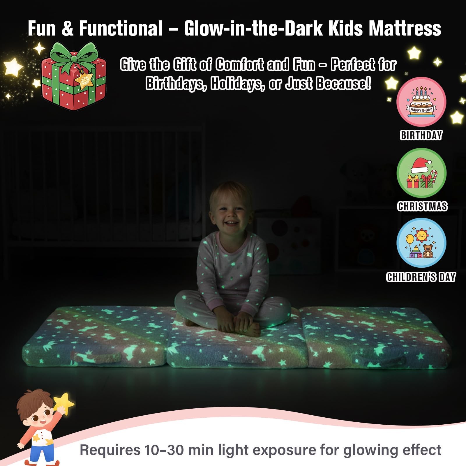 Foldable Floor Mattress for Kids-Glow in The Dark Toddler Nap Mat with Storag…
