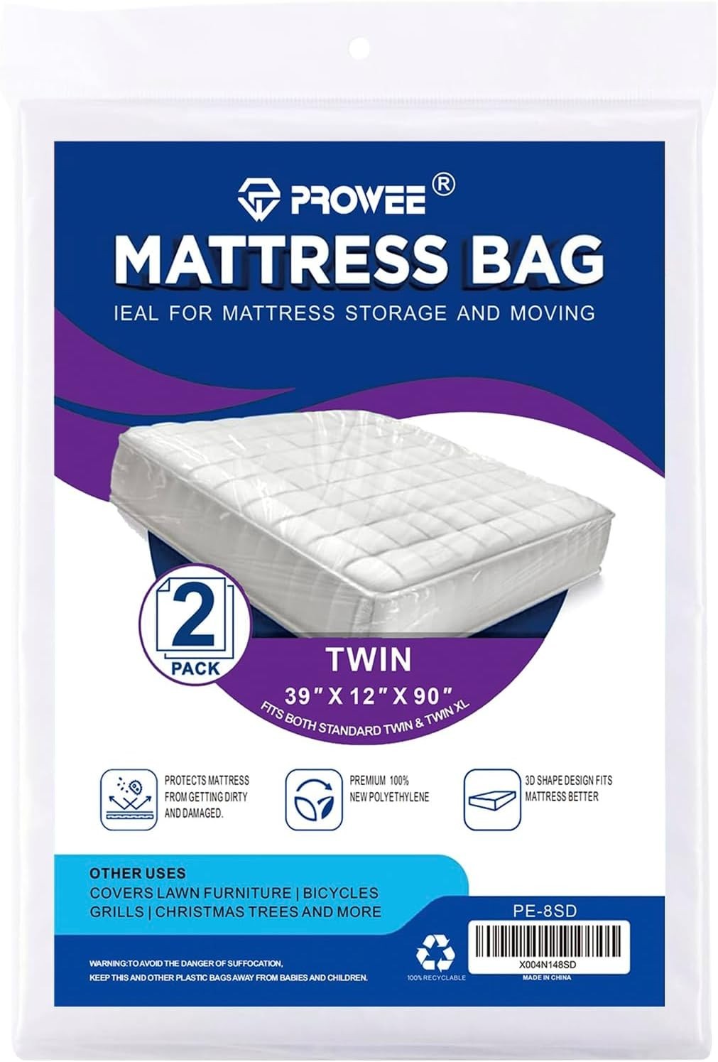 2 PK Twin Mattress Bags for Moving, Waterproof & Tear-Resistant Plastic Mattr…