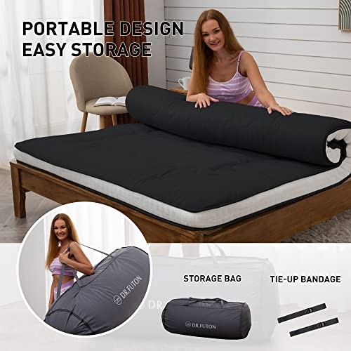 Dr.Futon Japanese Floor Futon Mattress Extra Thick Folding Roll Up Full Black