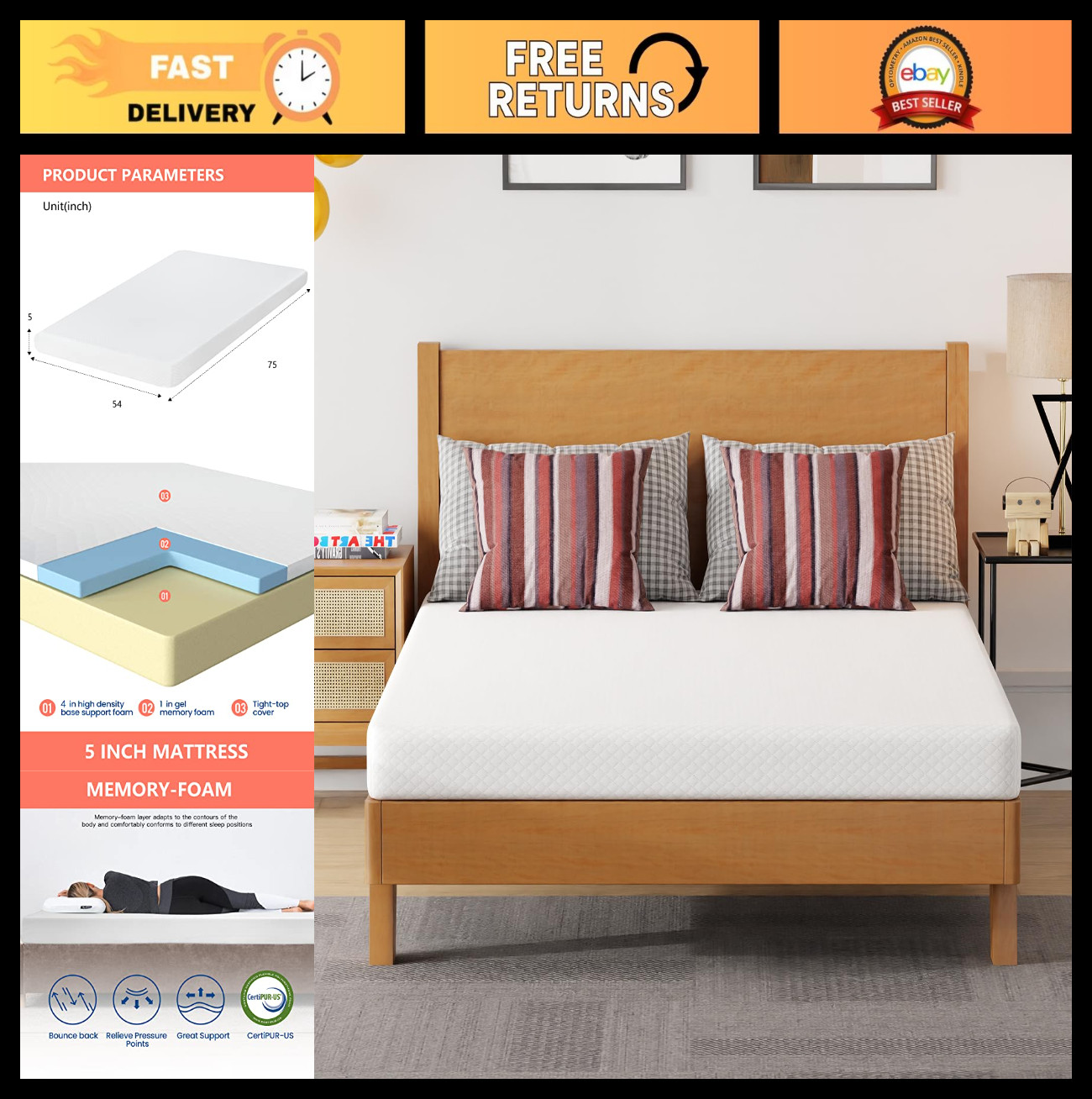 5″ Medium Firm Gel Memory Foam Mattress – Pressure Relief, Cooling, Washable Cov