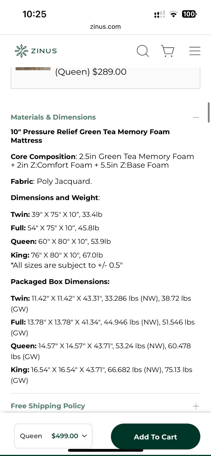 Zinus 6″ Gel-Infused Green Tea Memory Foam Mattress – White, Twin