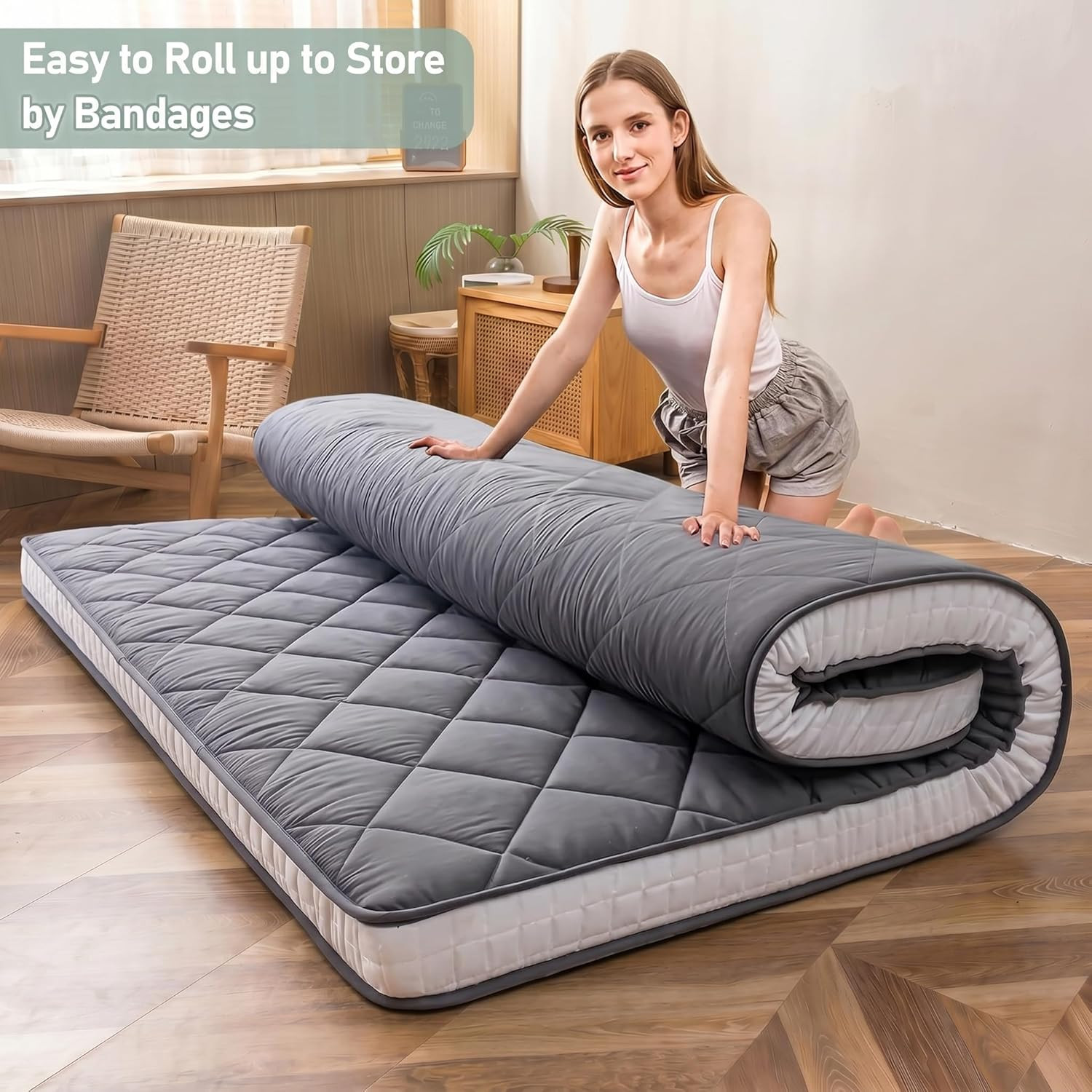 King Size Japanese Floor Futon Mattress – Dark Grey Diamond Pattern, Roll Up Des