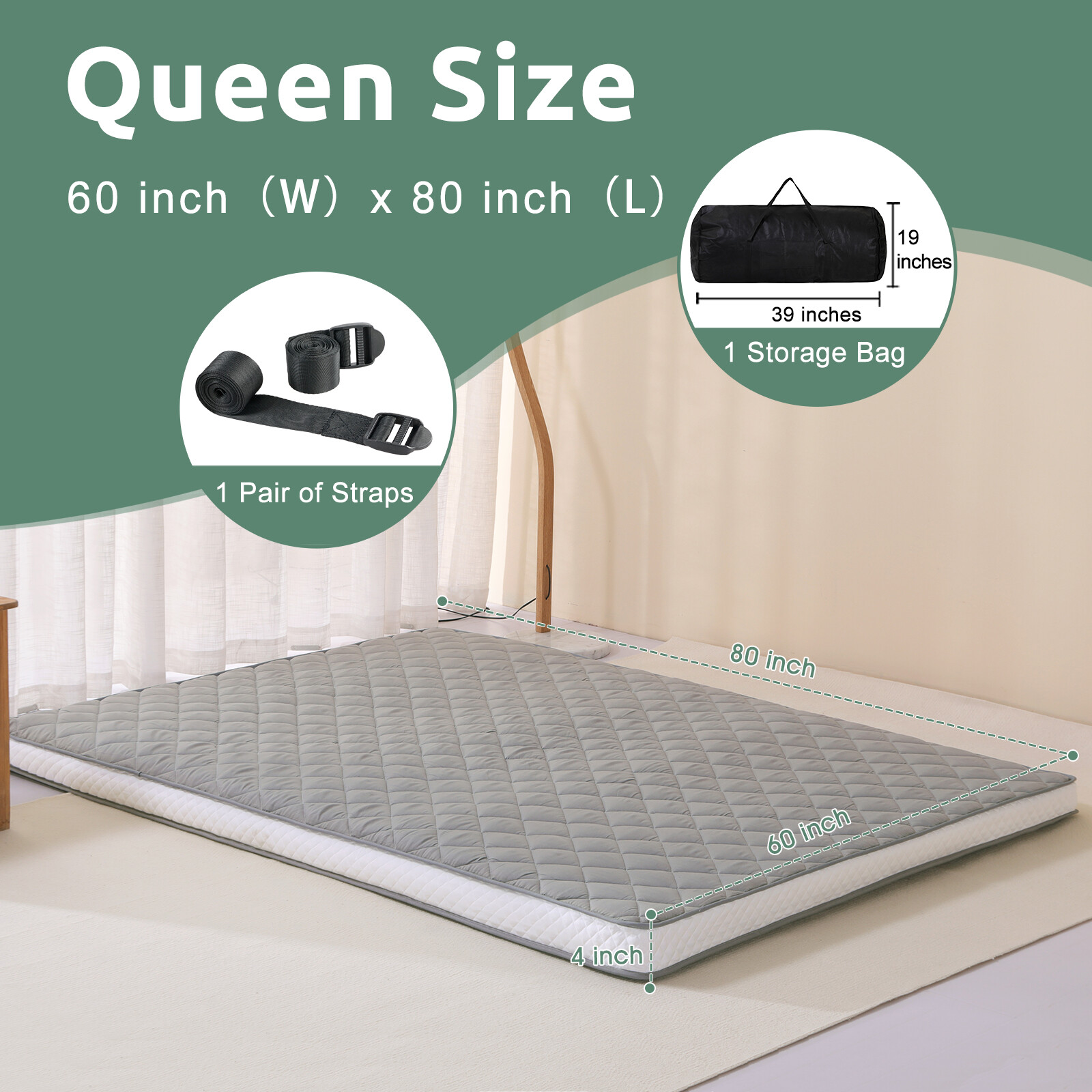 NAIZEA Japanese Floor Mattress Potable Floor Sleeping Pad 80x60x4in Queen Size