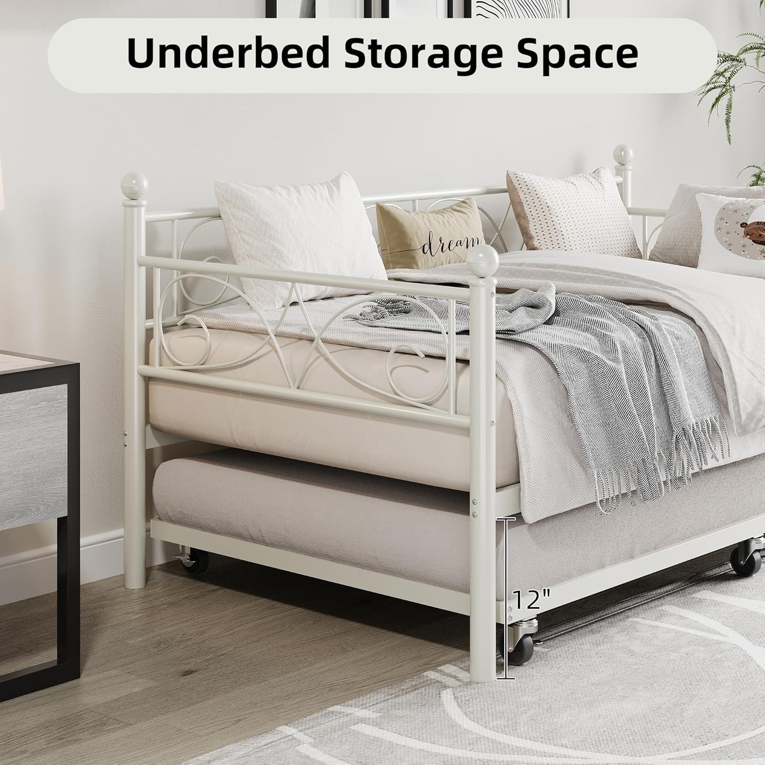 Twin Daybed with Trundle Bed, Space-Saving Metal Day Bed Fre with Floral