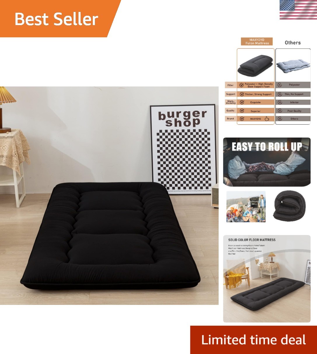 Compact 4″ Black Floor Mattress with Dustproof Cover – Versatile Adult Futon