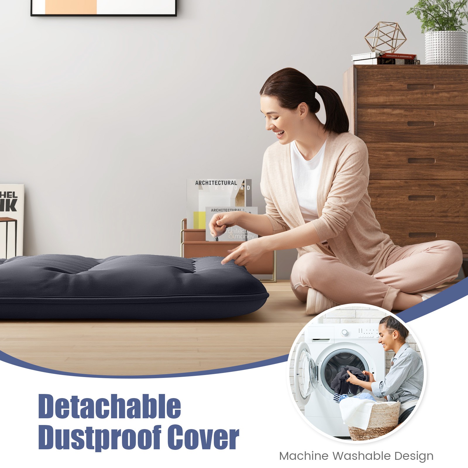 King Futon Mattress Japanese Floor Sleeping Pad Washable Cover Carry Bag Black
