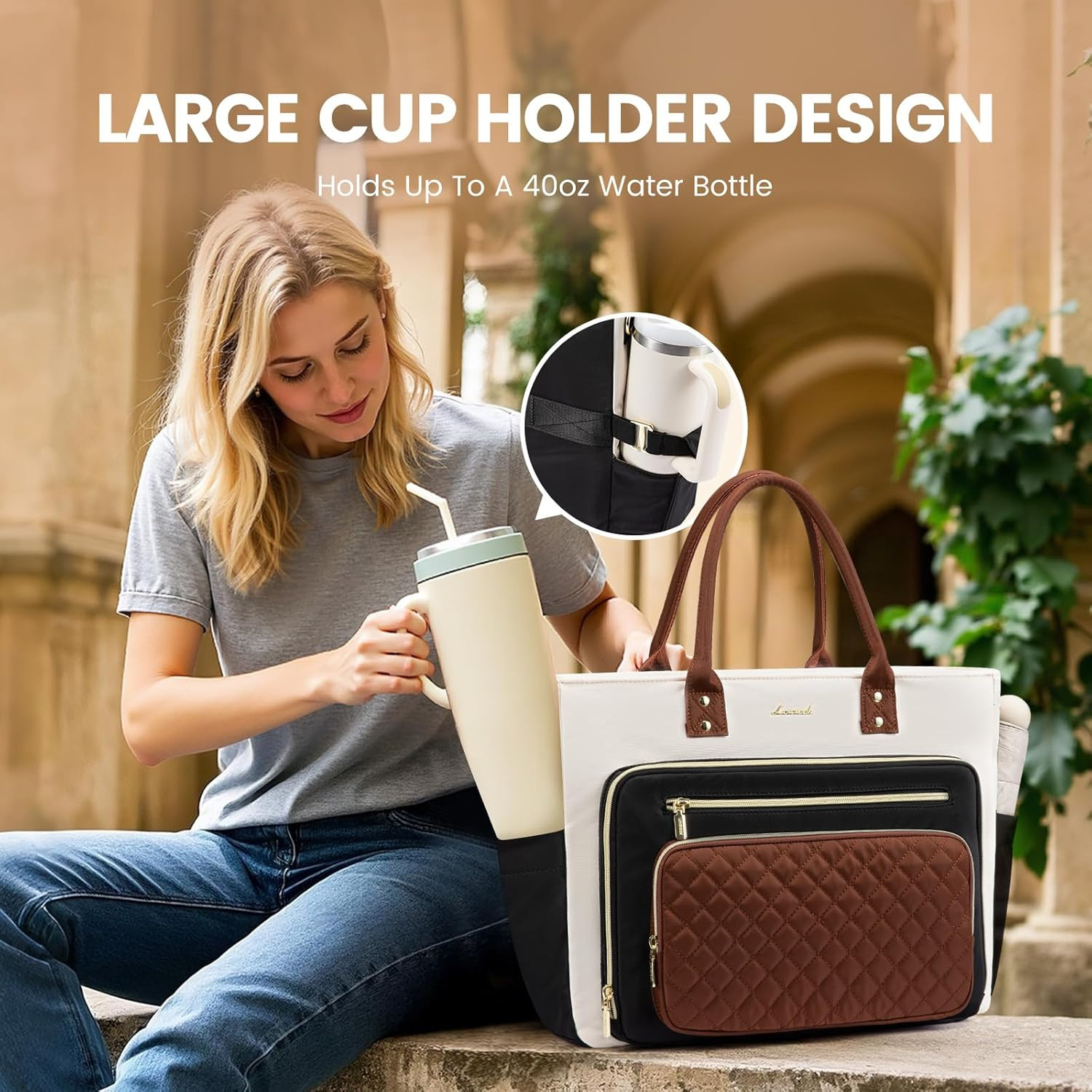 Chic Teacher Tote Bag – 17″ Laptop Briefcase in Black, Beige & Brown
